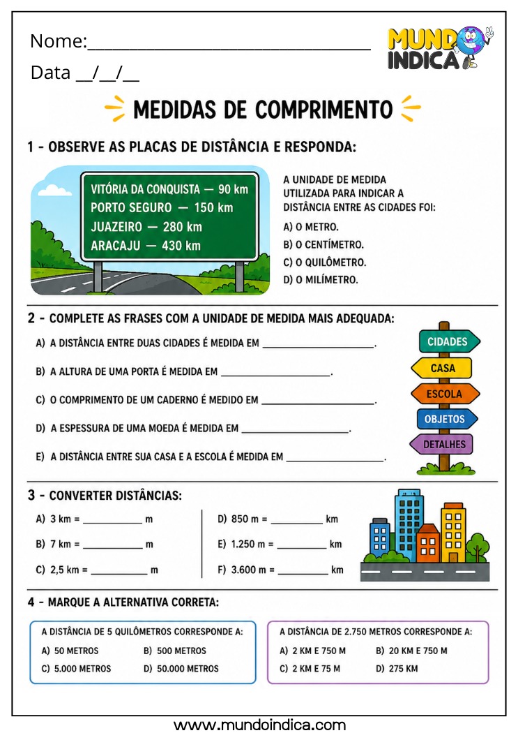 Atividade de Matemática 4º Ano com Medidas de Comprimento e Conversão de Distâncias entre Quilômetro e Metro em Situações do Dia a Dia