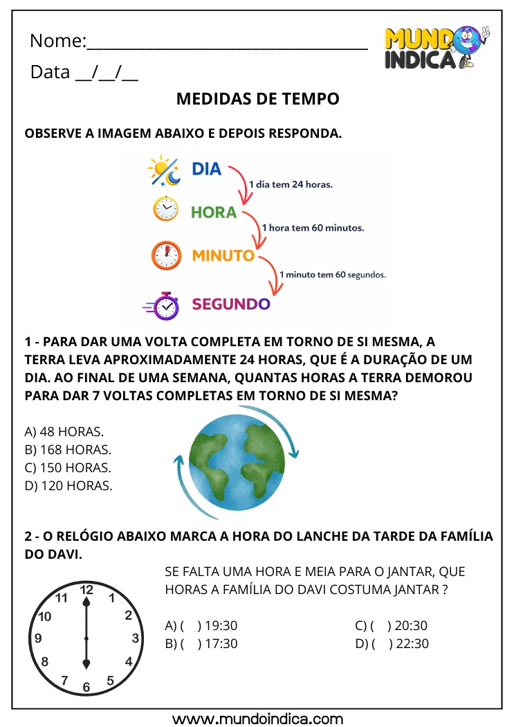 Atividade de Matemática 4º Ano com Medidas de Tempo sobre Dia, Hora, Minuto e Segundo com Problemas do Cotidiano e Leitura de Relógio