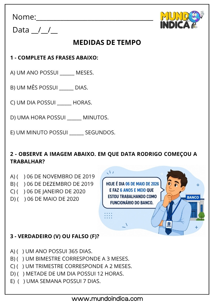 Atividade de Matemática 4º Ano com Medidas de Tempo sobre Dias, Meses e Anos com Interpretação de Datas e Calendário
