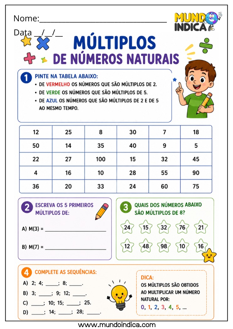 Atividade de Matemática 4º Ano com Múltiplos de 2, 3, 5 e 7 em Tabela e Sequências Numéricas