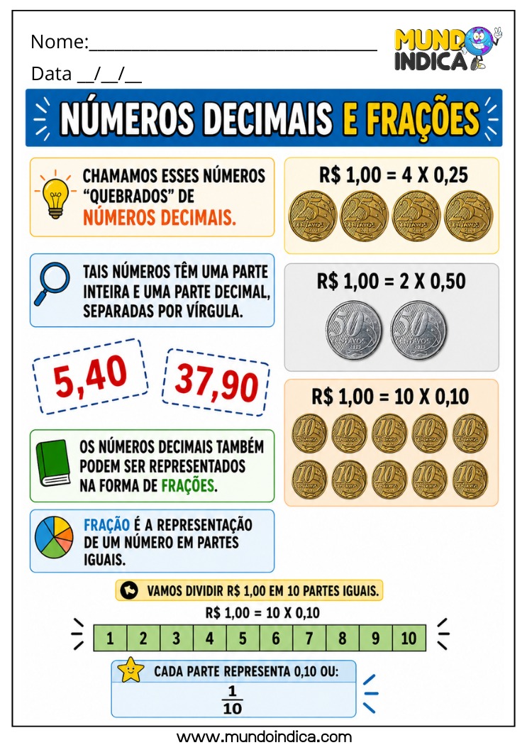 Atividade de Matemática 4º Ano com Números Decimais e Frações no Sistema Monetário Brasileiro