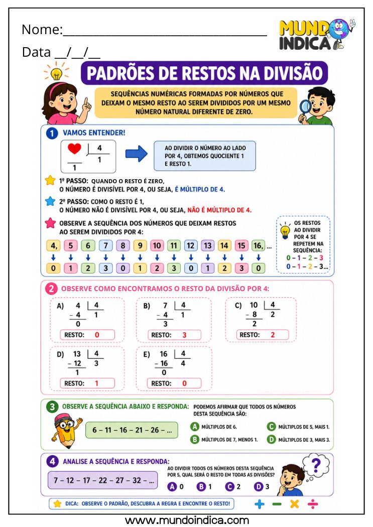 Atividade de Matemática 4º Ano com Padrões de Restos na Divisão e Identificação de Regularidades (EF04MA12)