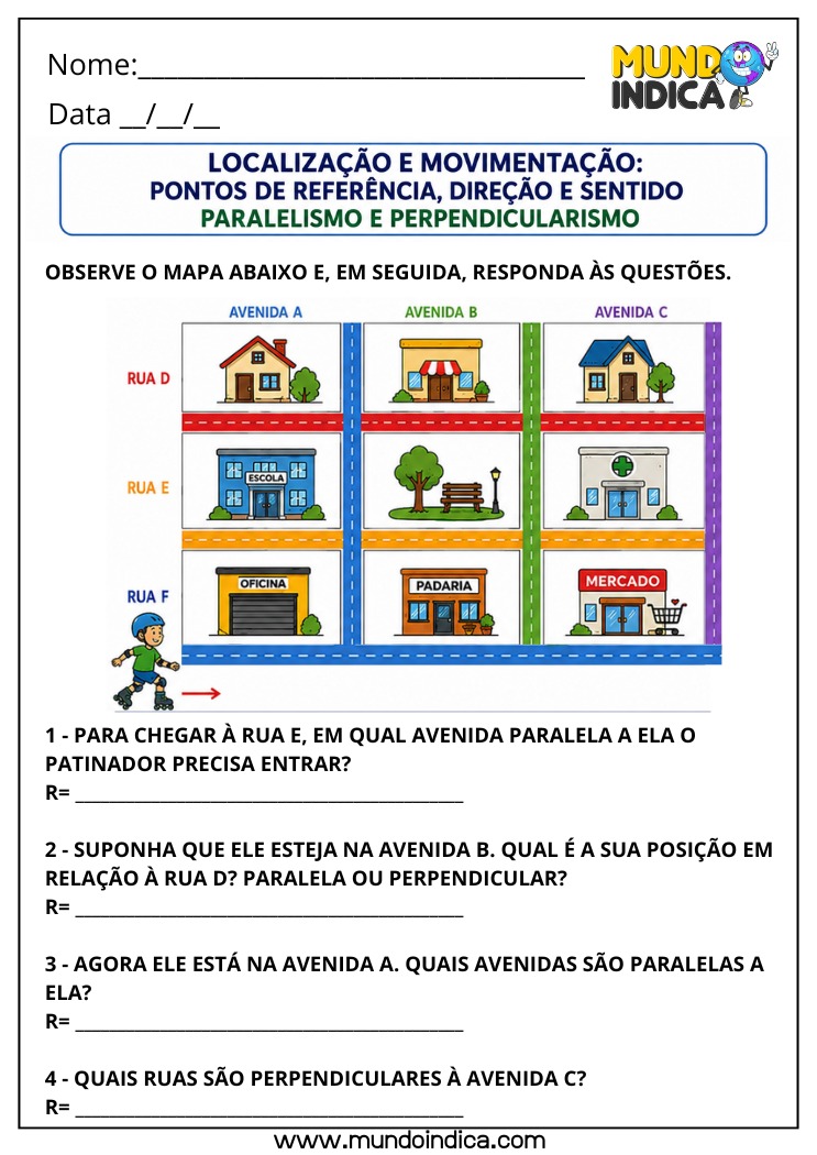 Atividade de Matemática 4º Ano com Pontos de Referência, Direção, Sentido e Paralelismo para Imprimir EF04MA16