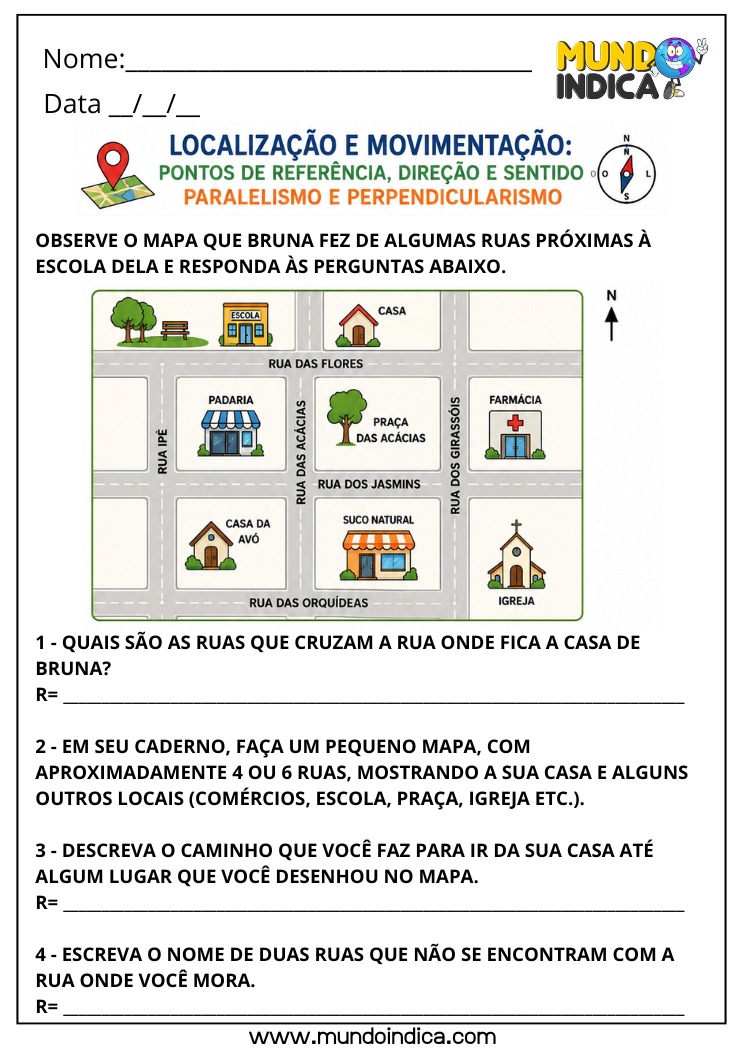 Atividade de Matemática 4º Ano com Pontos de Referência e Descrição de Caminhos no Mapa para Imprimir