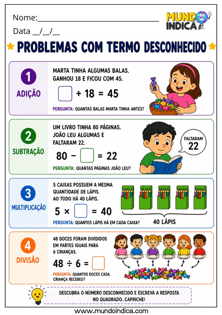 Atividade de Matemática 4º Ano com Problemas de Adição, Subtração, Multiplicação e Divisão com Termo Desconhecido para Imprimir