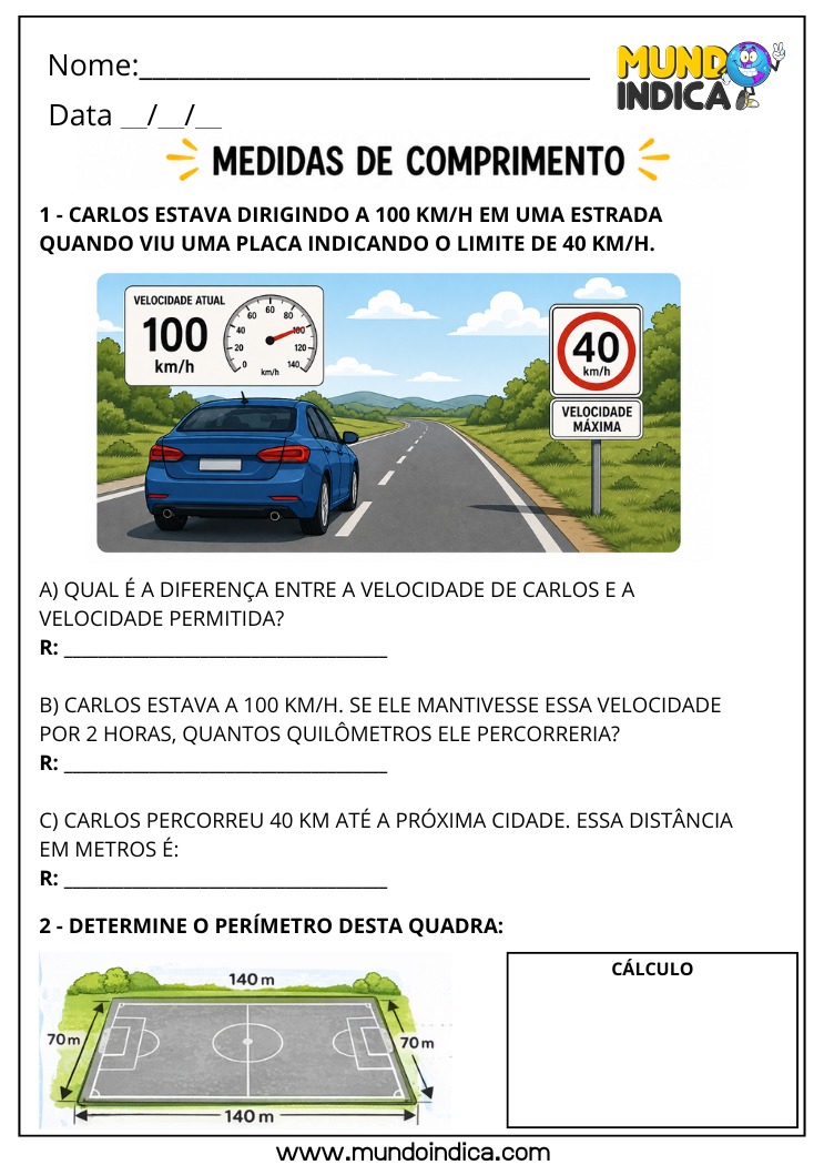 Atividade de Matemática 4º Ano com Problemas de Medidas de Comprimento e Cálculo de Perímetro em Situações do Cotidiano