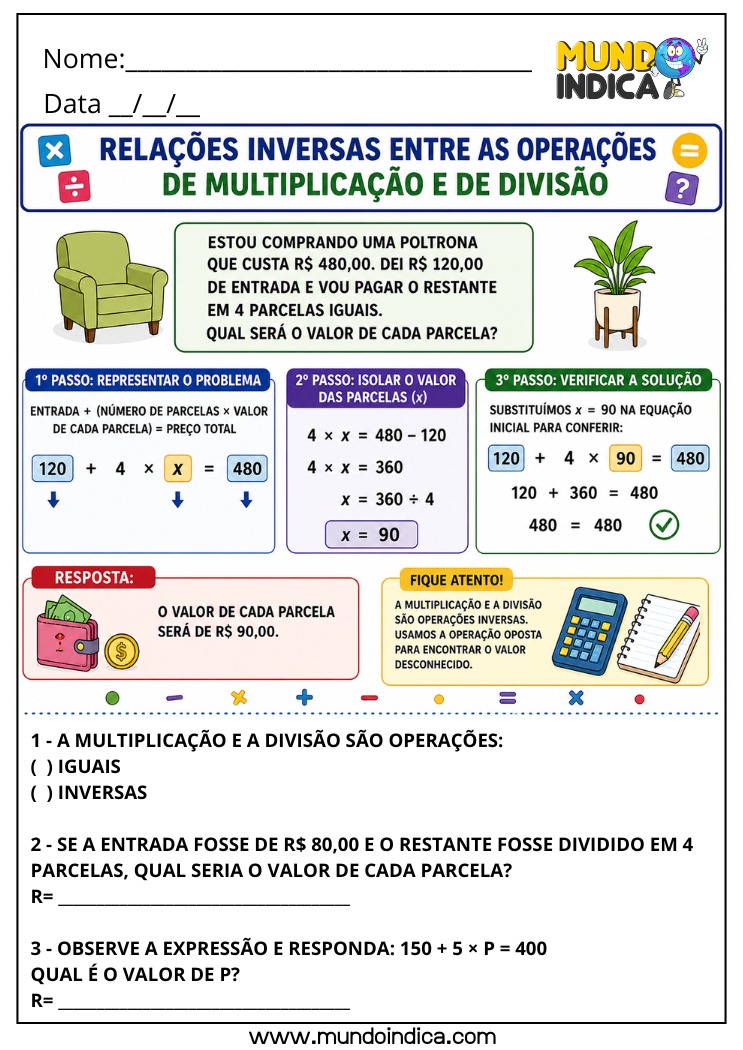 Atividade de Matemática 4º Ano com Problemas de Parcelamento e Relações Inversas entre Multiplicação e Divisão