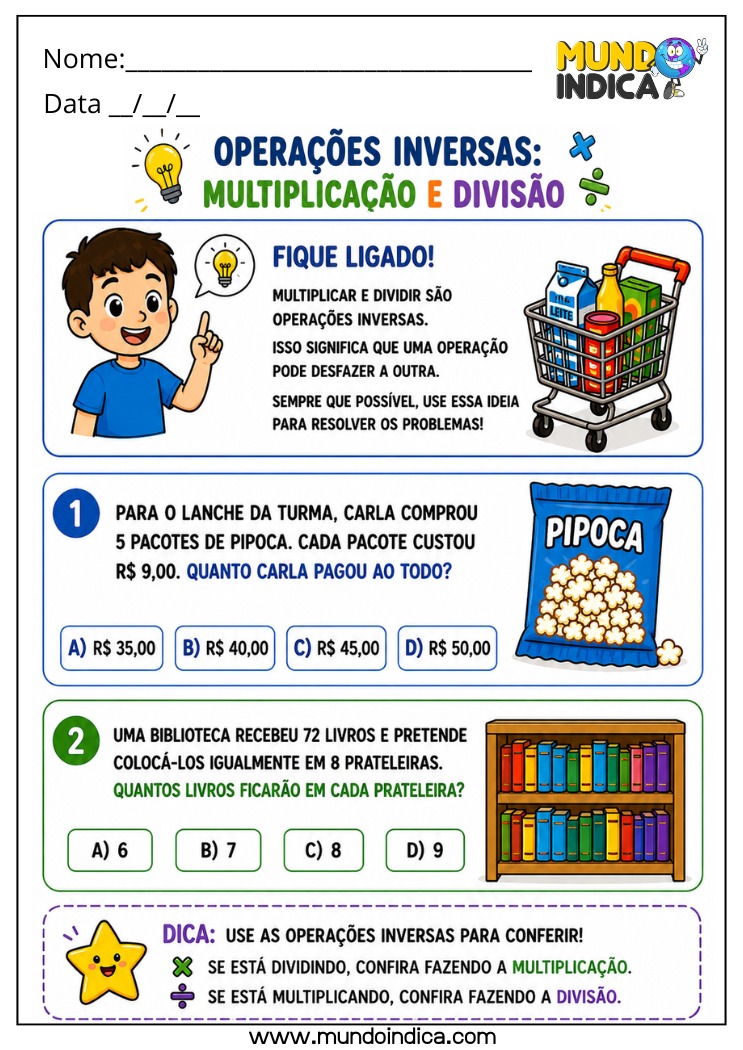 Atividade de Matemática 4º Ano com Problemas do Cotidiano usando Multiplicação e Divisão Inversas