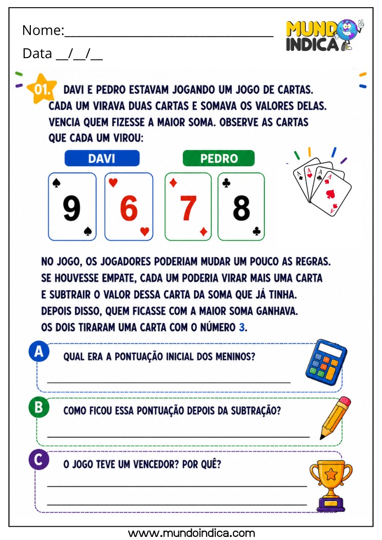 Atividade de Matemática 4º Ano com Propriedades da Igualdade e Jogo de Cartas para Imprimir