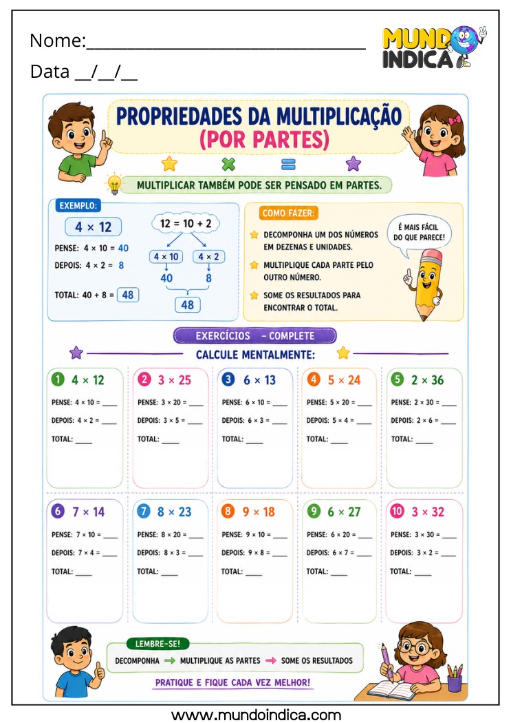Atividade de Matemática 4º Ano com Propriedades da Multiplicação e Cálculo Mental por Decomposição em Partes