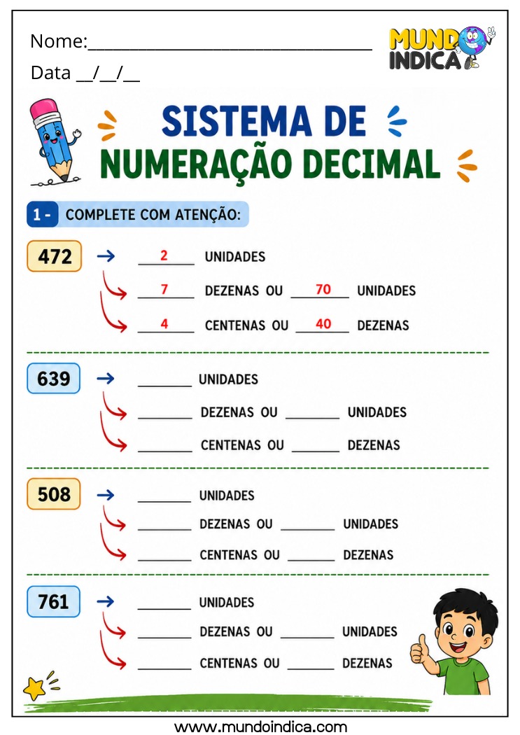 Atividade de Matemática 4º Ano com Quadro de Valor Posicional e Decomposição de Números