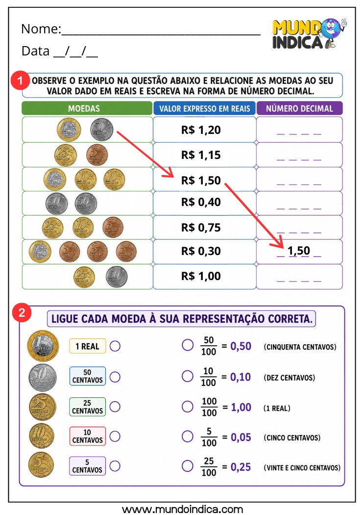 Atividade de Matemática 4º Ano com Relação entre Moedas e Valores em Reais com Números Decimais