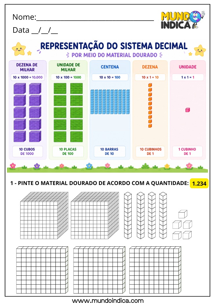 Atividade de Matemática 4º Ano com Representação de Números usando Material Dourado