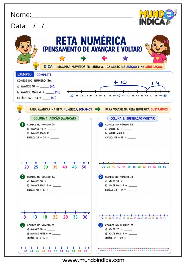 Atividade de Matemática 4º Ano com Reta Numérica para Adição e Subtração com Estratégia de Avançar e Voltar