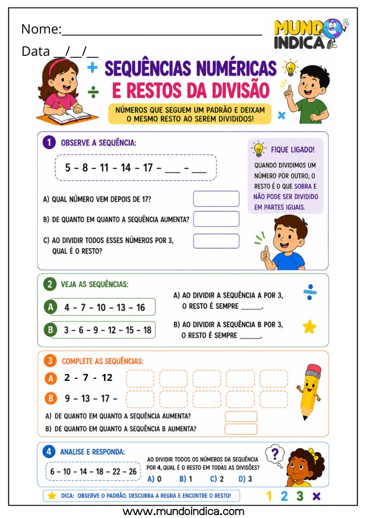 Atividade de Matemática 4º Ano com Sequência Numérica e Restos da Divisão para Completar e Analisar (EF04MA12)