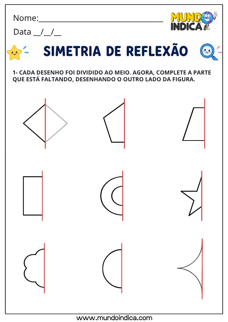 Atividade de Matemática 4º Ano com Simetria de Reflexão para Completar Desenhos