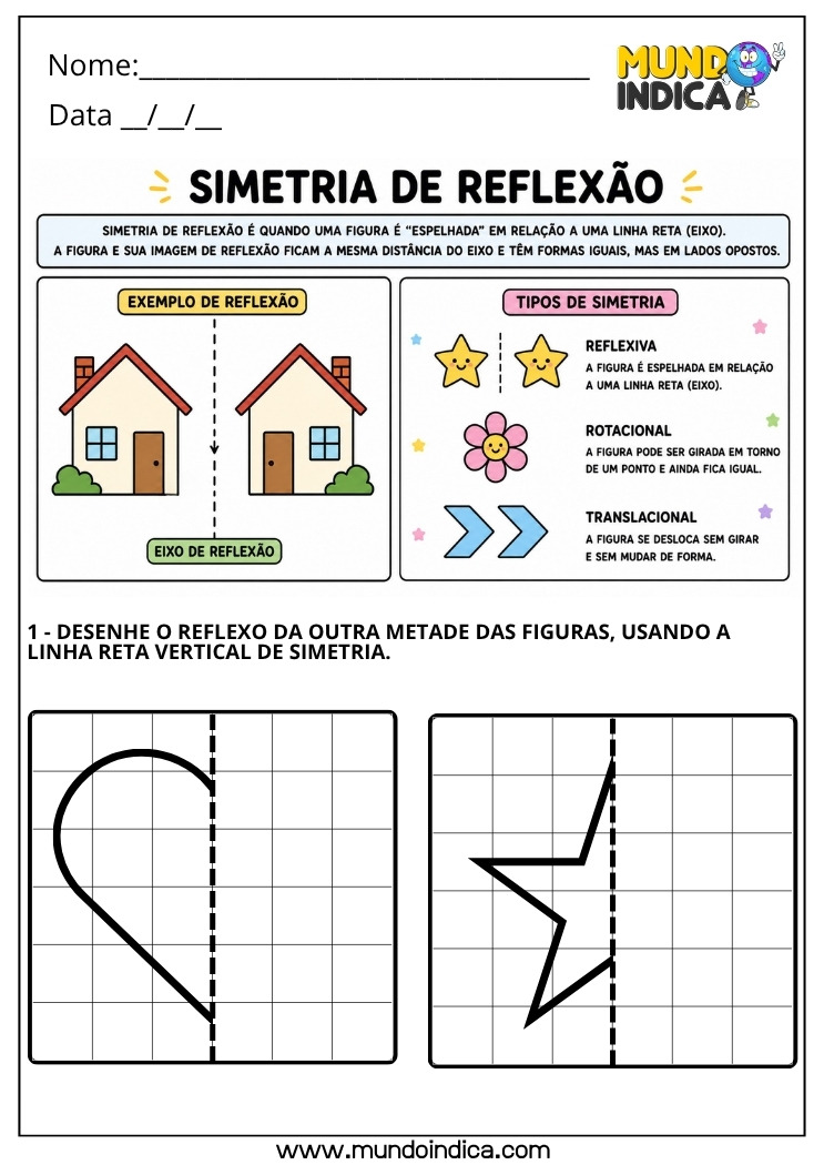 Atividade de Matemática 4º Ano com Simetria de Reflexão para Completar Figuras na Malha Quadriculada