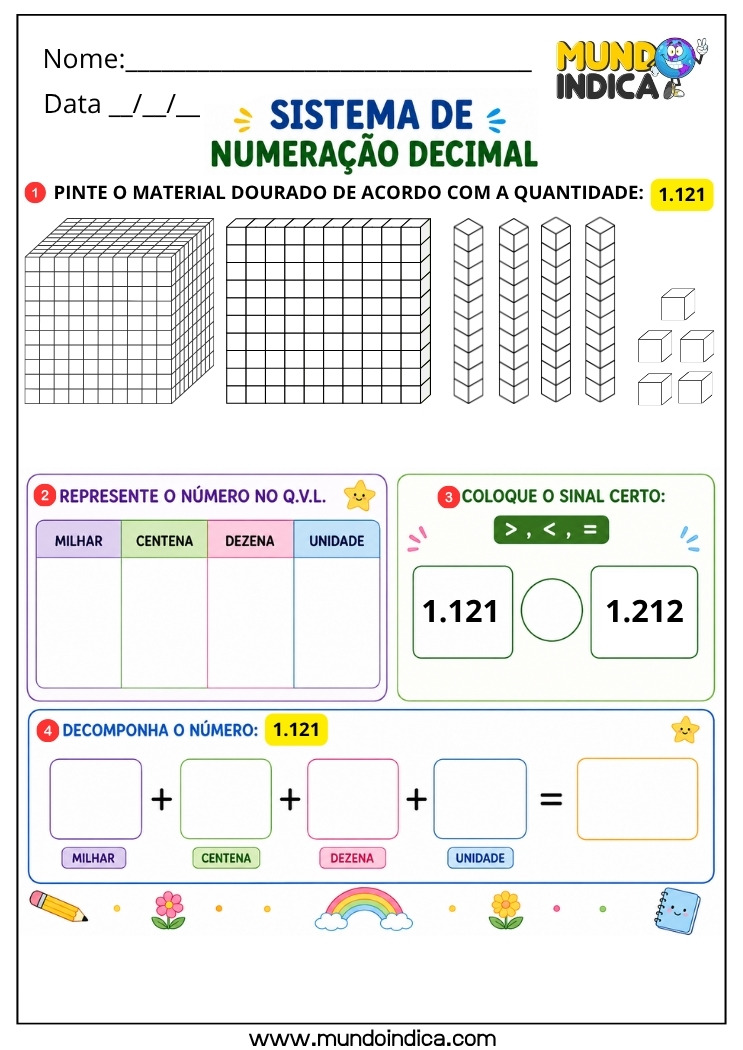 Atividade de Matemática 4º Ano com Sistema de Numeração Decimal usando Material Dourado