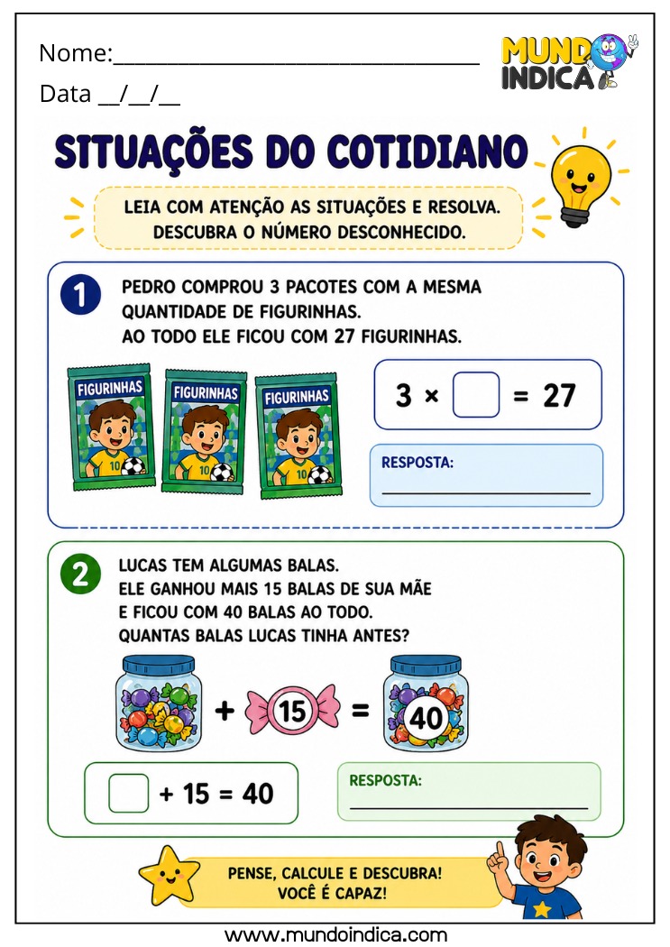 Atividade de Matemática 4º Ano com Situações do Cotidiano e Termo Desconhecido para Imprimir