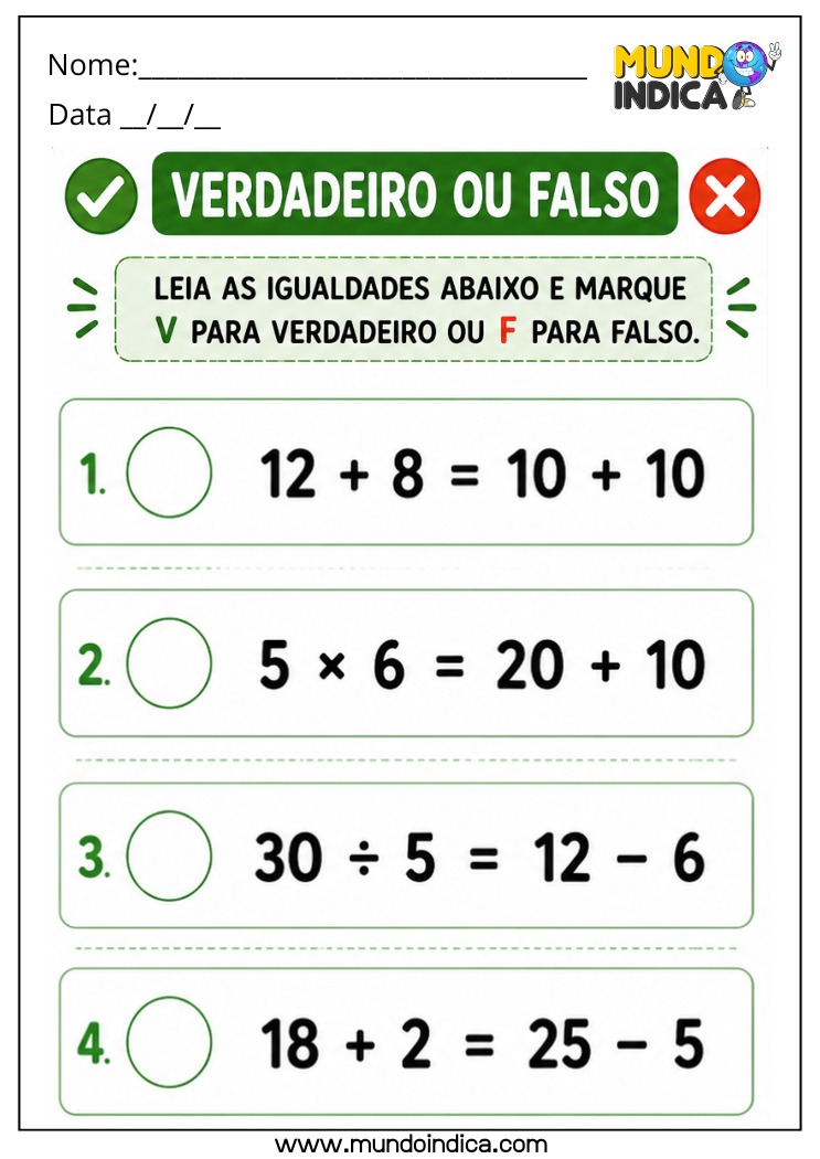 Atividade de Matemática 4º Ano com Verdadeiro ou Falso sobre Igualdade e Equivalência para Imprimir