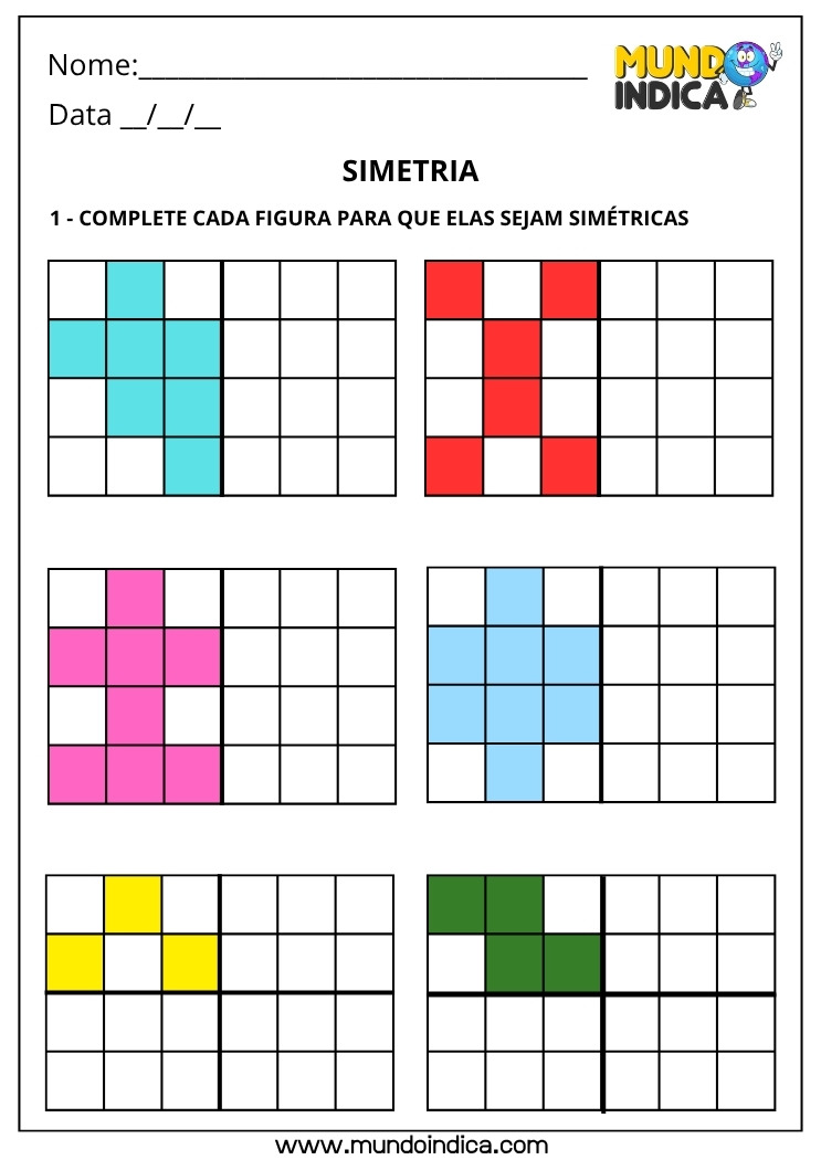 Atividade de Matemática 4º Ano para Completar Figuras Simétricas na Malha Quadriculada