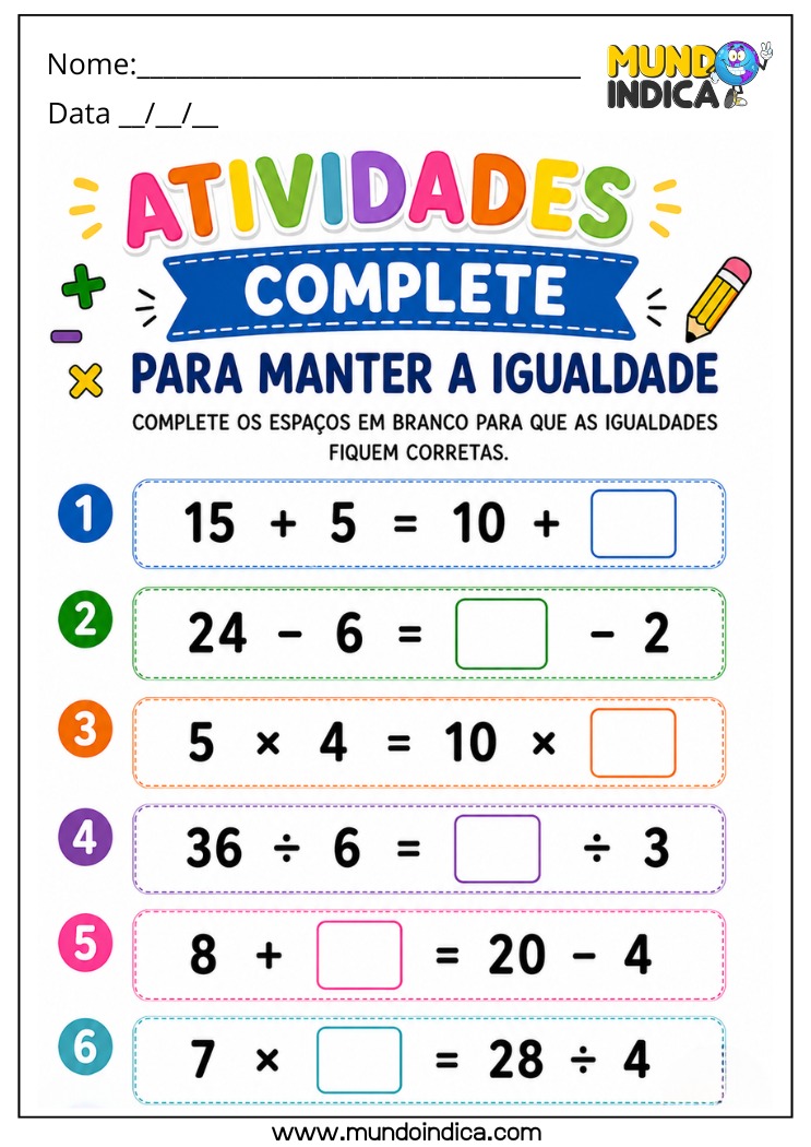 Atividade de Matemática 4º Ano para Completar Igualdades e Encontrar o Termo Desconhecido