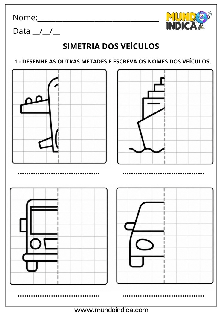 Atividade de Matemática 4º Ano para Desenhar os Veículos Simétricos para Imprimir