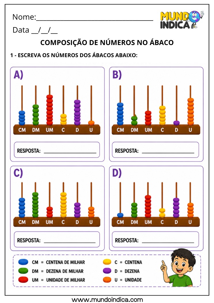 Atividade de Matemática 4º Ano sobre Composição de Números no Ábaco com Valor Posicional BNCC