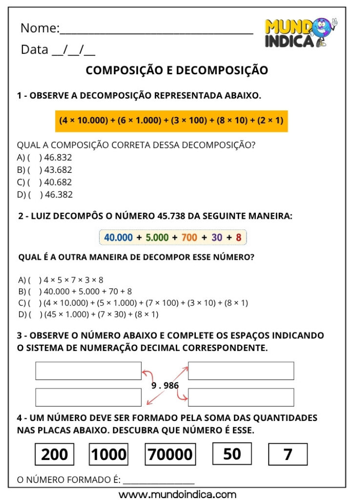Atividades de Matemática 4º Ano com Composição e Decomposição de ...