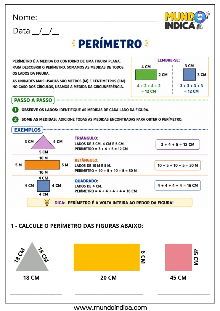 Atividade de Matemática 4º Ano sobre Perímetro com Cálculo de Figuras Geométricas e Soma dos Lados em Centímetros