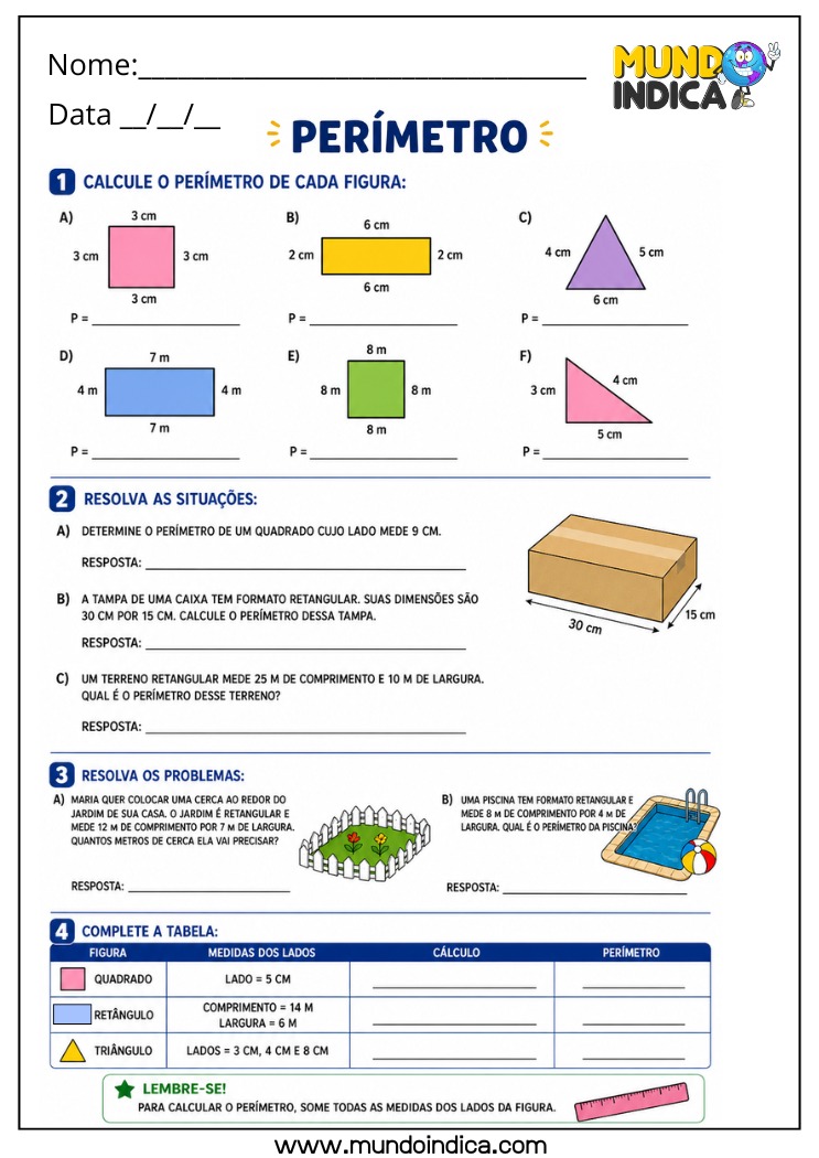 Atividade de Matemática 4º Ano sobre Perímetro com Resolução de Problemas Envolvendo Figuras Geométricas no Cotidiano
