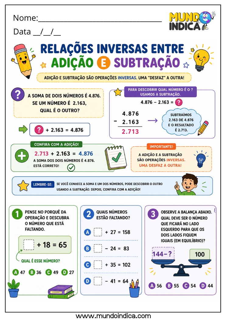 Atividade de Matemática 4º Ano sobre Relações Inversas com Descoberta de Números Desconhecidos