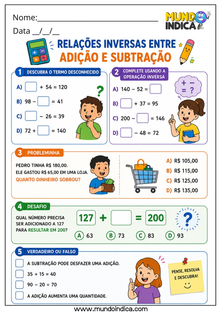 Atividade de Matemática 4º Ano sobre Relações Inversas com Expressões e Problemas do Cotidiano