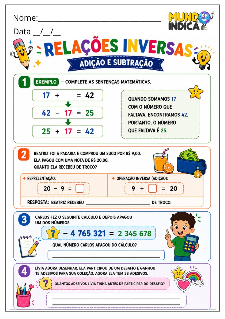 Atividade de Matemática 4º Ano sobre Relações Inversas com Problemas de Troco e Sentenças Matemáticas