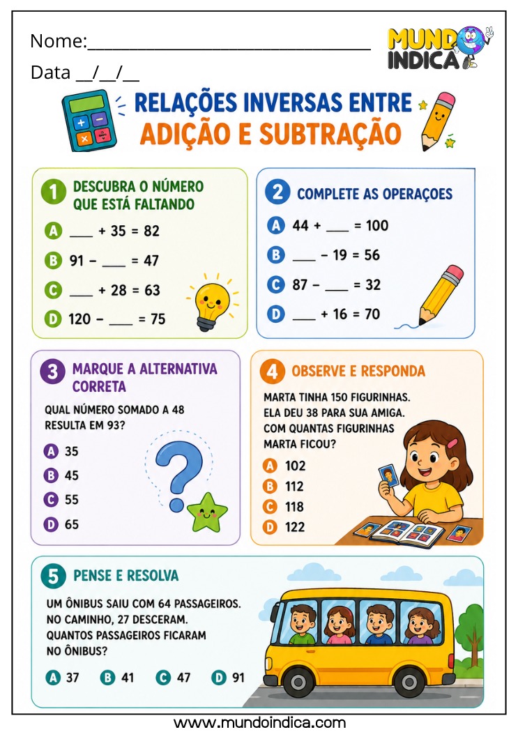 Atividade de Matemática 4º Ano sobre Relações Inversas com Situações-Problema e Múltipla Escolha
