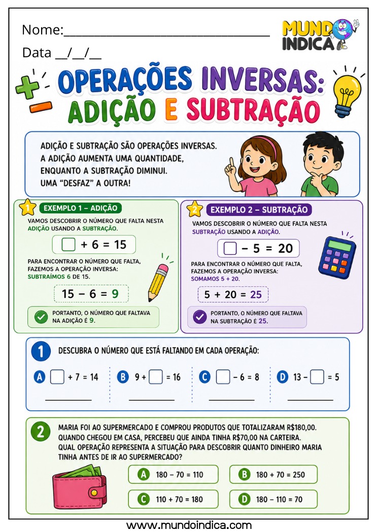 Atividade de Matemática 4º Ano sobre Relações Inversas entre Adição e Subtração com Exemplos Práticos