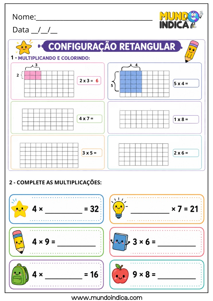 Atividade de Matemática para o 4º Ano com Configuração Retangular na Multiplicação para Imprimir (BNCC)