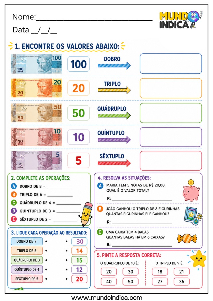 Atividade de Matemática para o 4º Ano com Dobro, Triplo, Quádruplo, Quíntuplo e Sêxtuplo para Imprimir (BNCC)