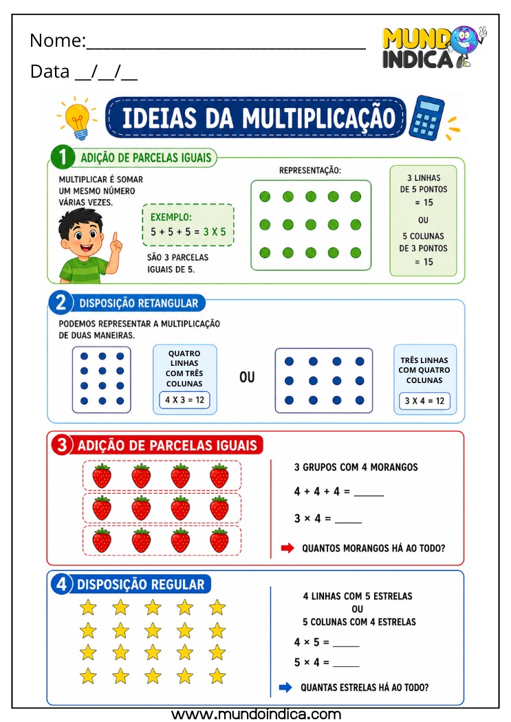 Atividade de Matemática para o 4º Ano com Ideias da Multiplicação e Adição de Parcelas Iguais para Imprimir (BNCC)