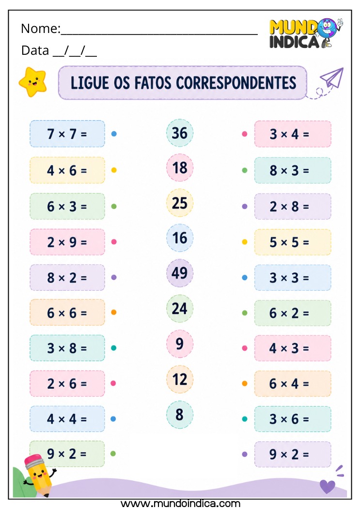 Atividade de Matemática para o 4º Ano com Ligue os Fatos da Multiplicação para Imprimir