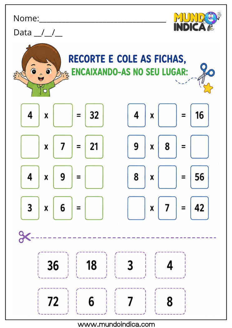 Atividade de Matemática para o 4º Ano com Multiplicação Recorte e Cole para Imprimir