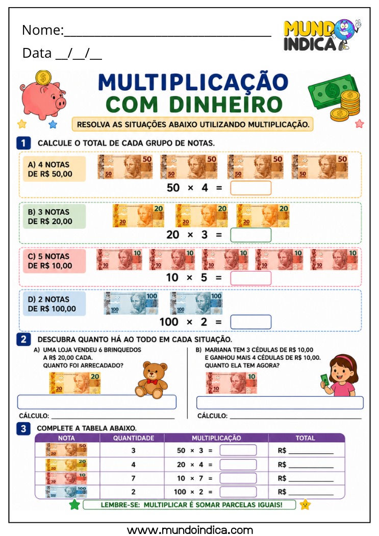 Atividade de Matemática para o 4º Ano com Multiplicação com Dinheiro e Situações do Cotidiano para Imprimir (BNCC)