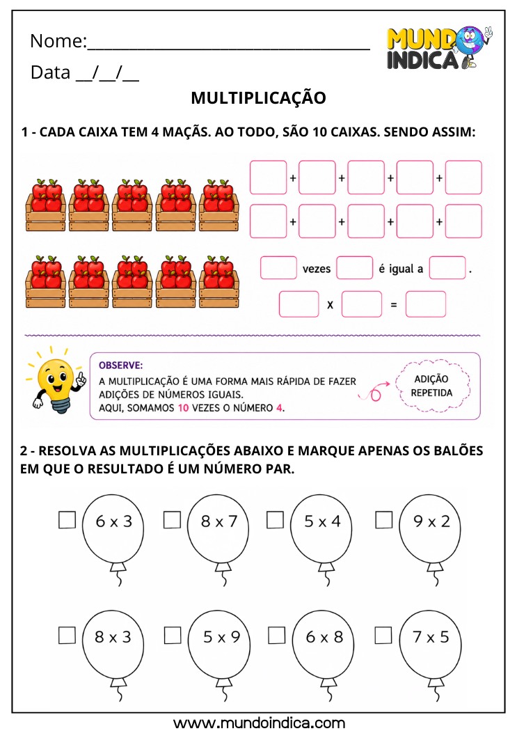 Atividade de Matemática para o 4º Ano com Multiplicação como Adição de Parcelas Iguais para Imprimir