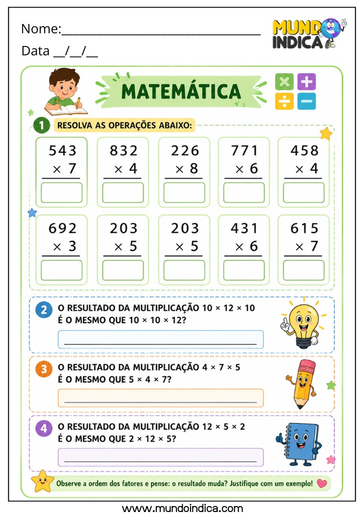 Atividade de Matemática para o 4º Ano com Multiplicação e Propriedade Comutativa para Imprimir (BNCC)