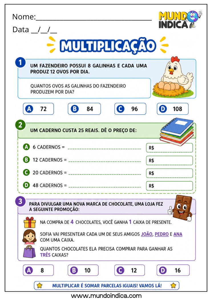 Atividade de Matemática para o 4º Ano com Problemas de Multiplicação em Situações do Cotidiano para Imprimir
