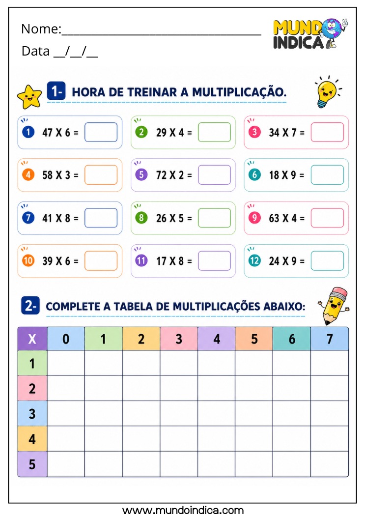 Atividade de Matemática para o 4º Ano com Treino de Multiplicação e Tabela para Imprimir (BNCC)