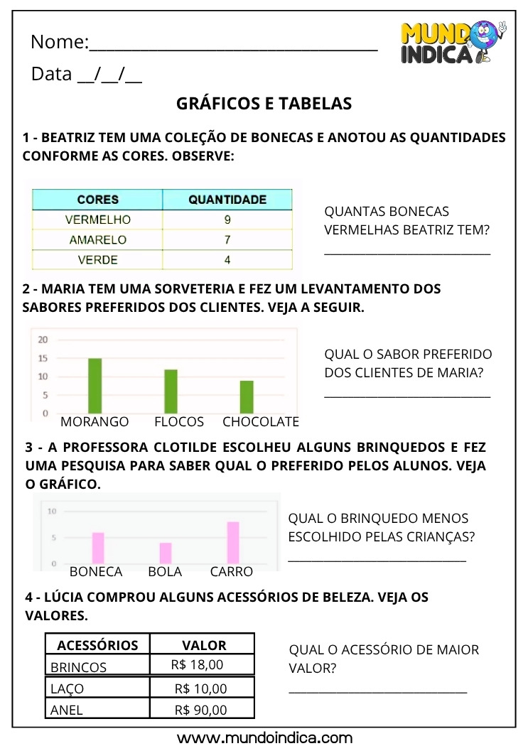 Atividade sobre Gráficos e Tabelas para o 1º Ano