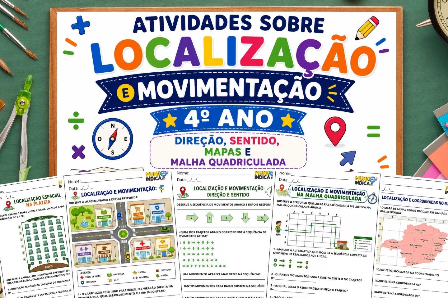 Atividades de Matemática 4º Ano sobre Localização para Imprimir Direção, Sentido, Mapas e Malha Quadriculada (BNCC EF04MA16)