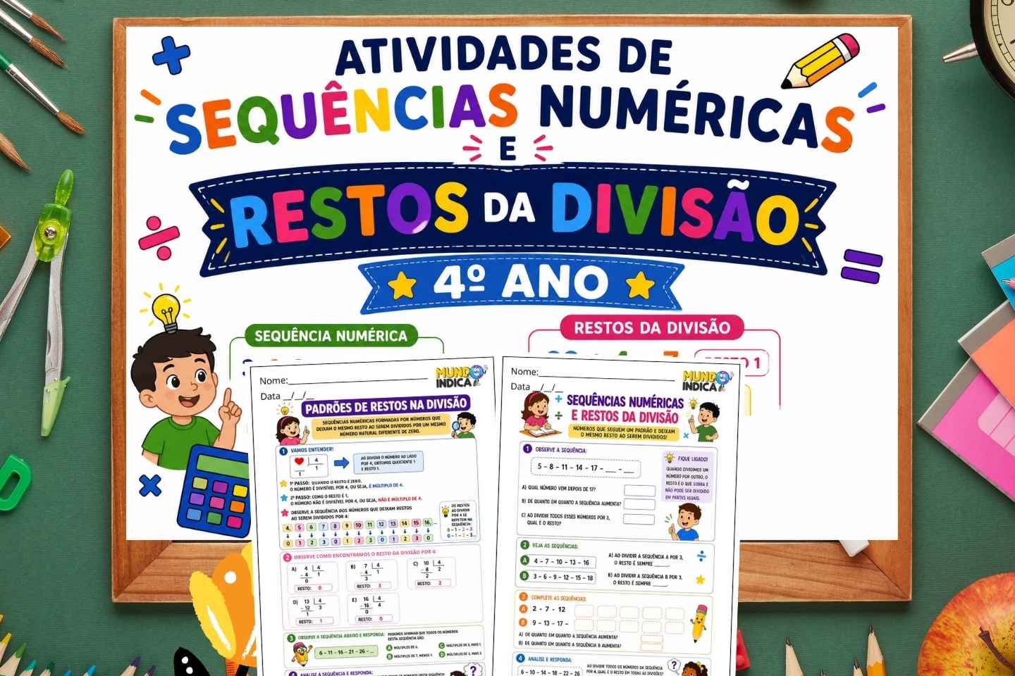 Atividades de Matemática 4º Ano sobre Sequências Numéricas e Restos da Divisão para Imprimir (BNCC EF04MA12)