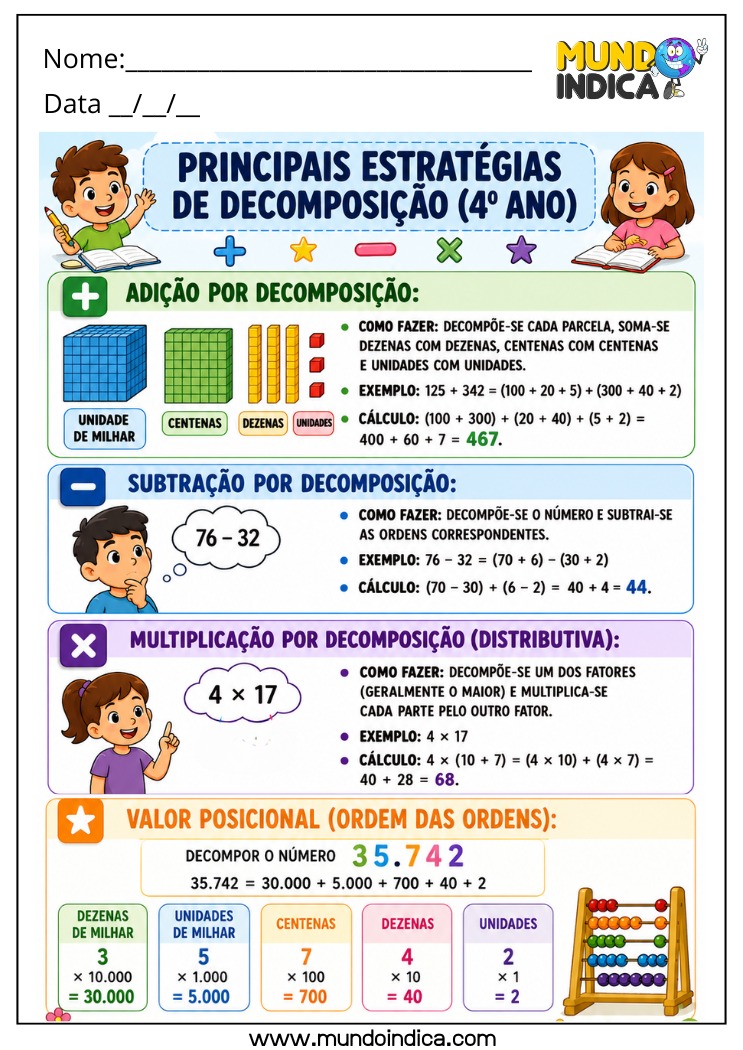Matemática 4º Ano com Estratégias de Decomposição nas Operações de Adição, Subtração e Multiplicação e Valor Posicional para Cálculo Mental